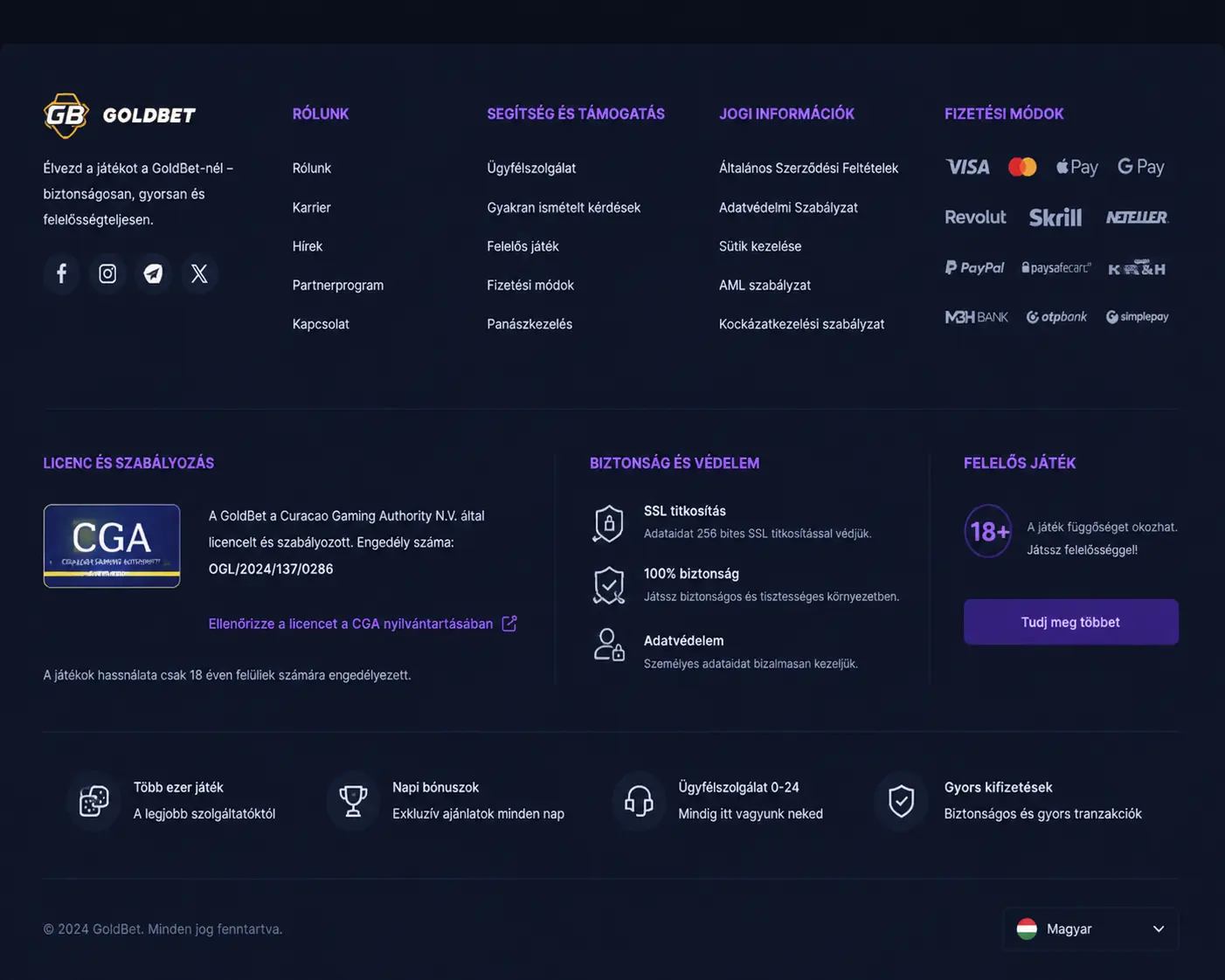 Goldbet licencinformáció a weboldal láblécében