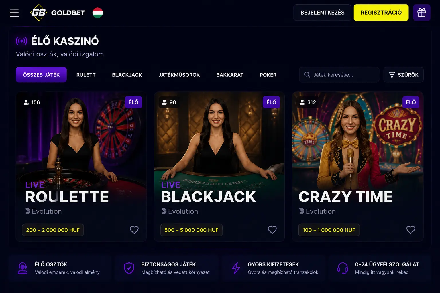 Goldbet élő kaszinó szekció — élő asztali játékok lobbija